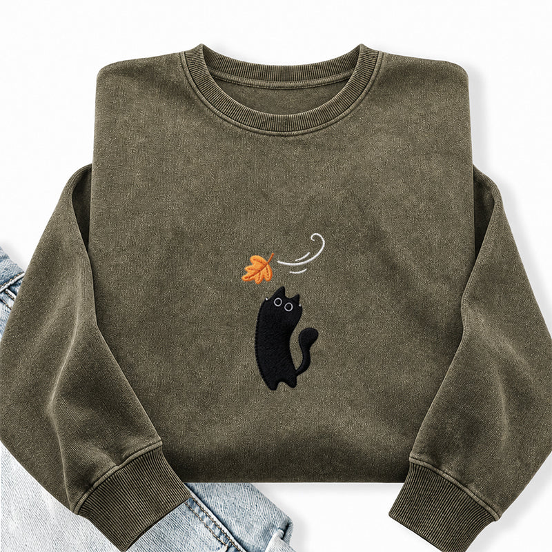 Embroidered Black Cats Fall Washed Crewneck Sweatshirt