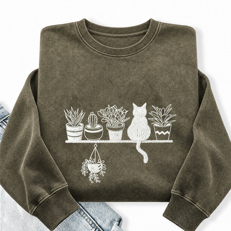 Embroidered Cats And Plants Washed Crewneck Sweatshirt