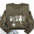 Embroidered Cats And Plants Washed Crewneck Sweatshirt