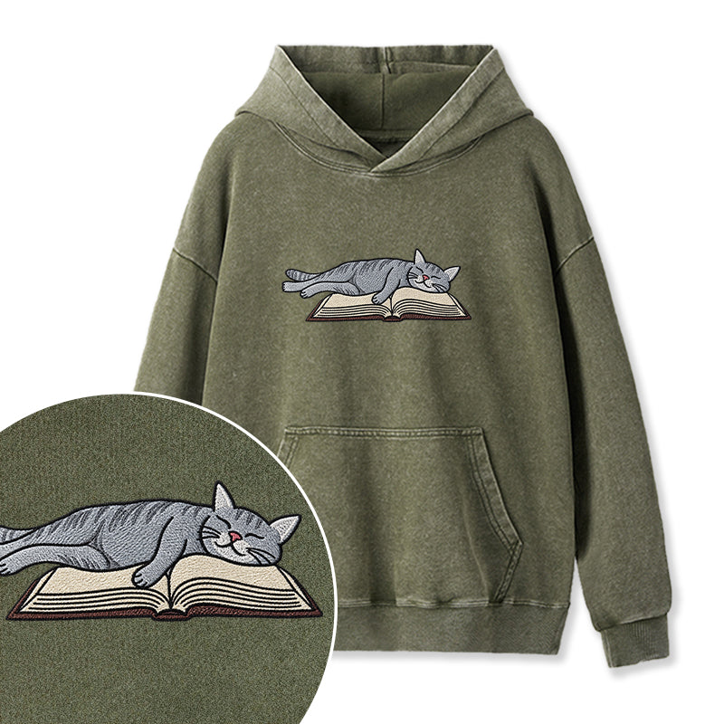 Embroidered Cat Sleeping On Book Washed Hoodie