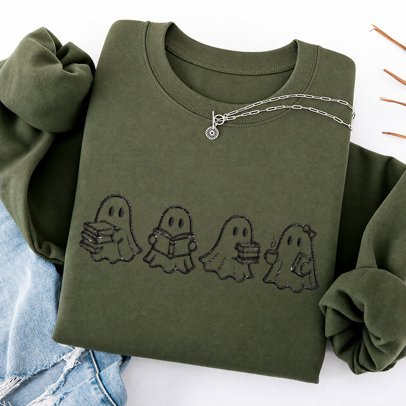 Embroidered Ghost Reading Books Classic Crewneck Sweatshirt