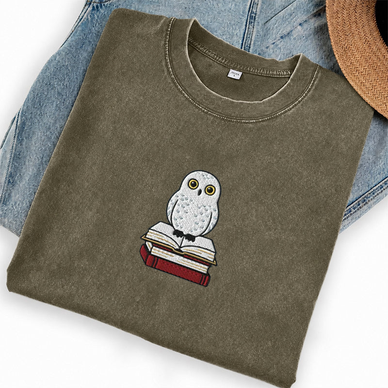 Embroidered Snow Owl On Bookstack Washed Crew Neck T-Shirt
