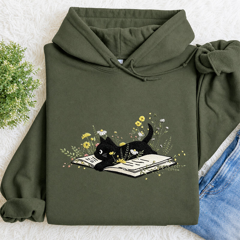 Embroidered Floral Book Cat Classic Adult Unisex Hoodie