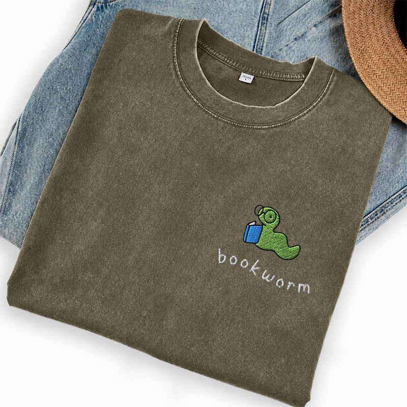 Embroidered Bookworm Washed Crew Neck T-Shirt