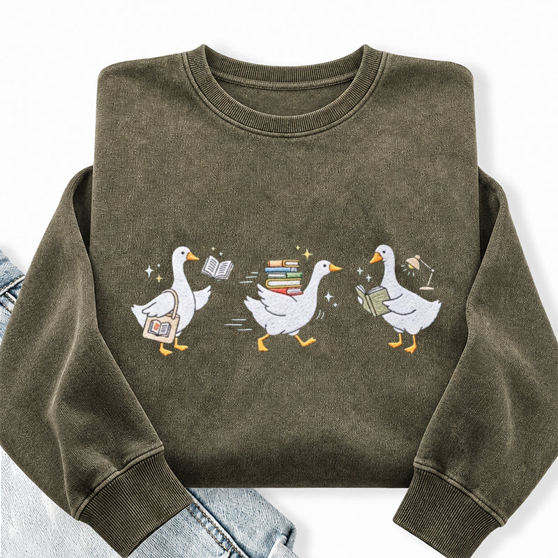 Embroidered Bookish Goose Washed Crewneck Sweatshirt