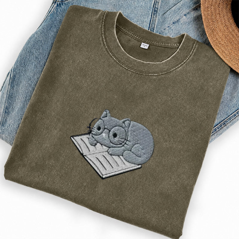 Embroidered Cat On Book Washed Crew Neck T-Shirt