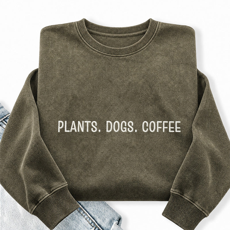 Embroidered Plant Dog Coffee Washed Crewneck Sweatshirt
