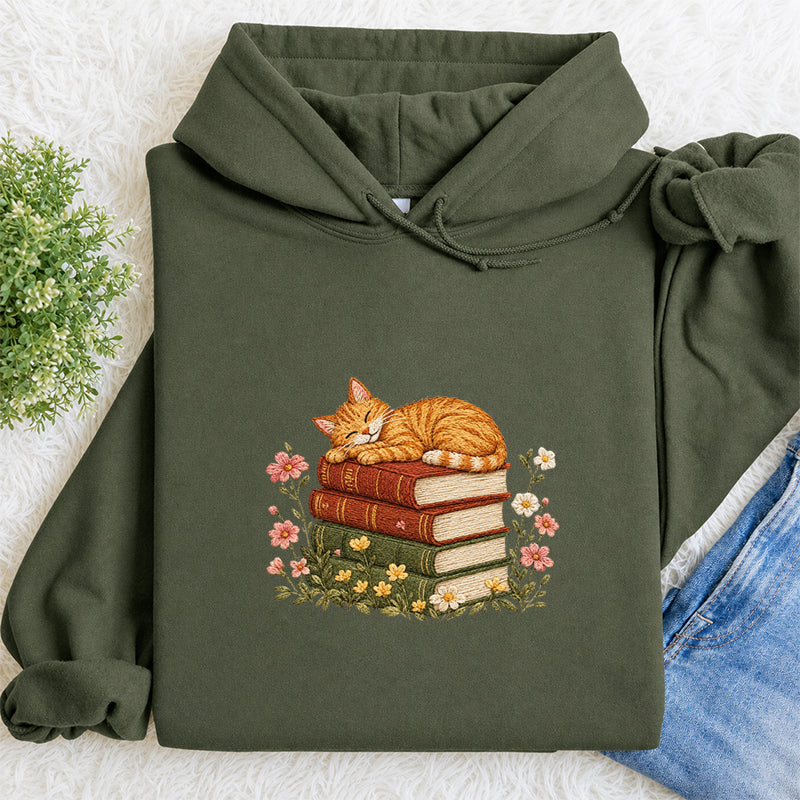 Embroidered Cat Sleeping On Books Classic Adult Unisex Hoodie