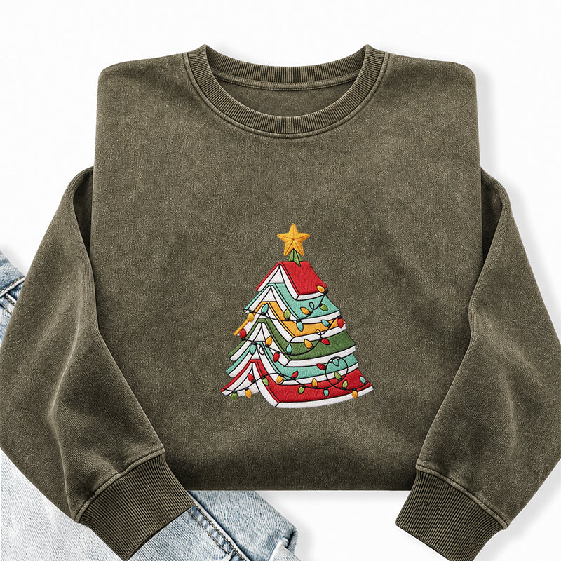 Embroidered Book Christmas Tree Washed Crewneck Sweatshirt