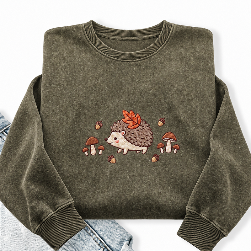 Embroidered Hedgehog Mushroom Washed Crewneck Sweatshirt