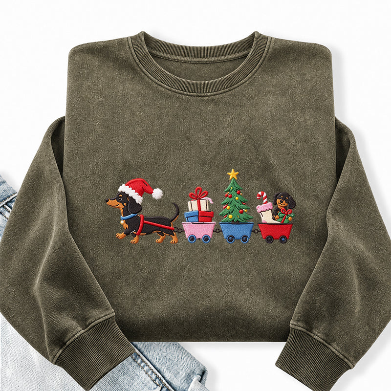 Embroidered Christmas Dachshund Washed Crewneck Sweatshirt