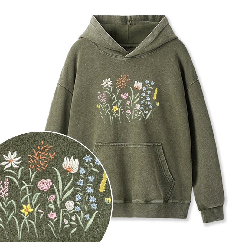 Embroidered Cute Wildflowers Washed Hoodie