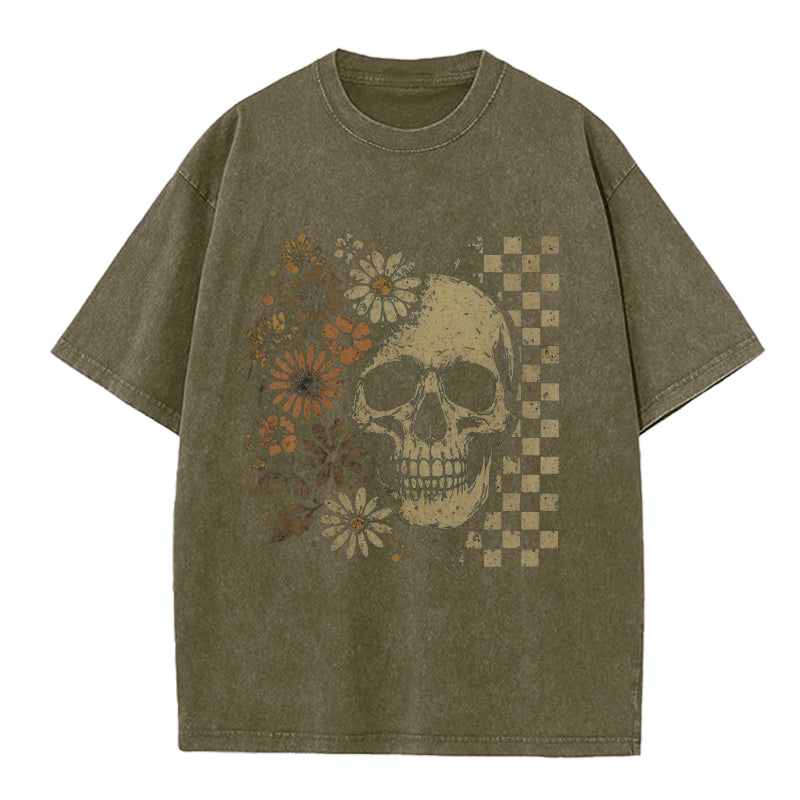 Vinatge Floral Skull Checkboard Washed Crew Neck T-Shirt