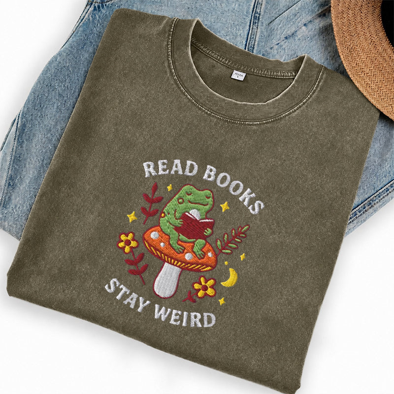Embroidered Read Books Stay Weird Reading Frog Washed Crew Neck T-Shirt