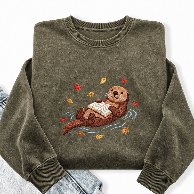 Embroidered Otter Reading Book Washed Crewneck Sweatshirt