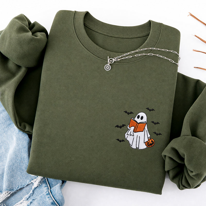 Embroidered Halloween Reading Ghost Classic Crewneck Sweatshirt