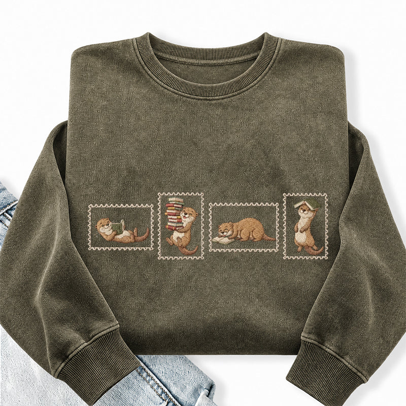 Embroidered Otter Reading Washed Crewneck Sweatshirt