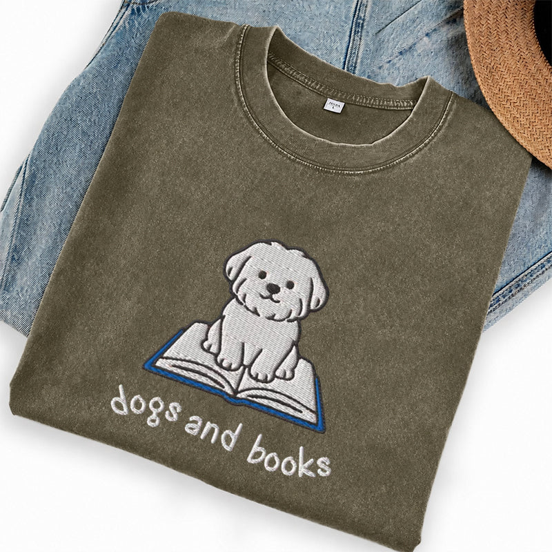 Embroidered Dogs and Books Washed Crew Neck T-Shirt