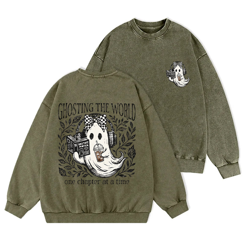 Funny Ghosting The World Reading Washed Crewneck Sweatshirt
