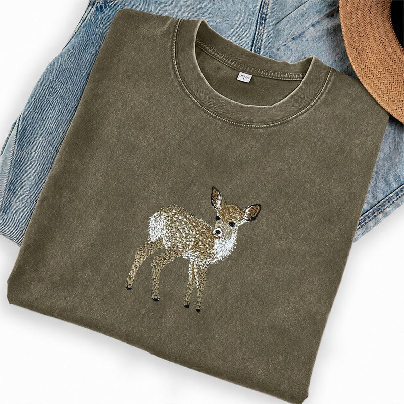 Embroidered Forest Deer Washed Crew Neck T-Shirt