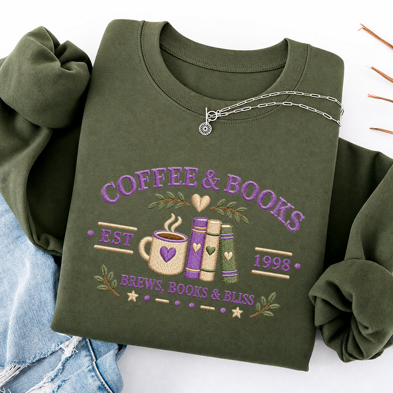 Embroidered Coffee And Books Classic Crewneck Sweatshirt