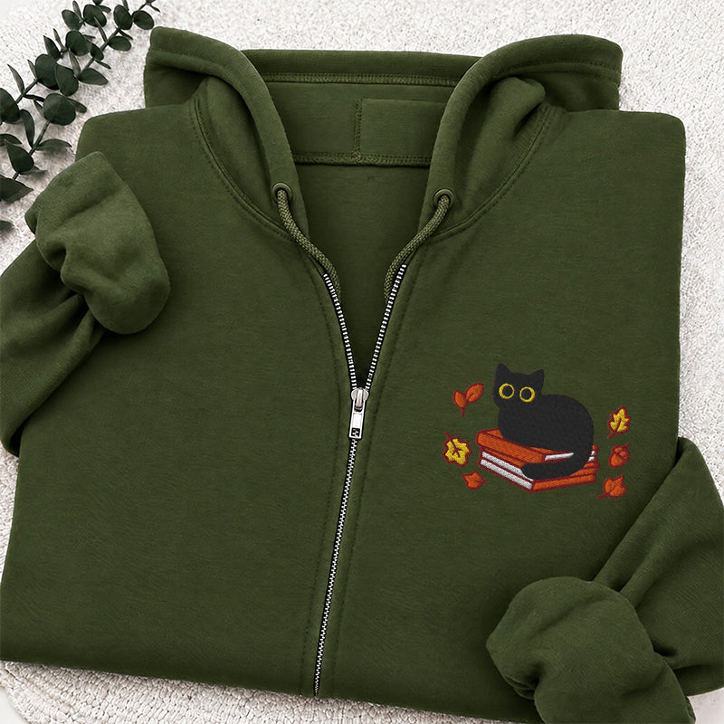Embroidered Autumn Black Cat Book Classic Adult Unisex Full Zip Hoodie
