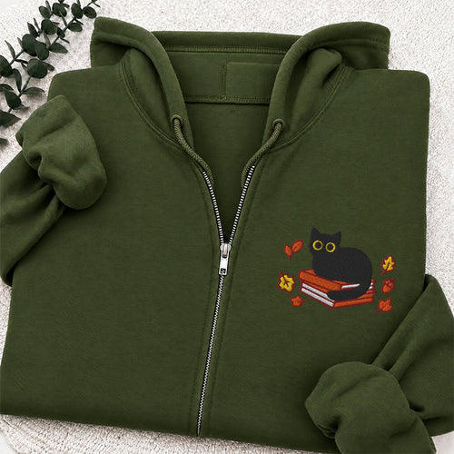 Embroidered Autumn Black Cat Book Classic Adult Unisex Full Zip Hoodie