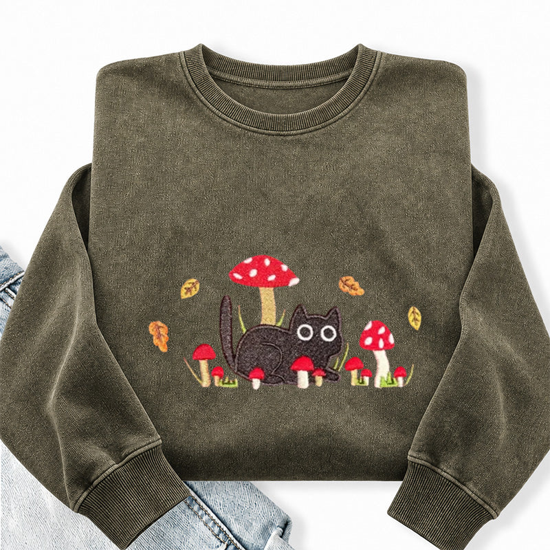 Embroidered Mushroom Cat Washed Crewneck Sweatshirt