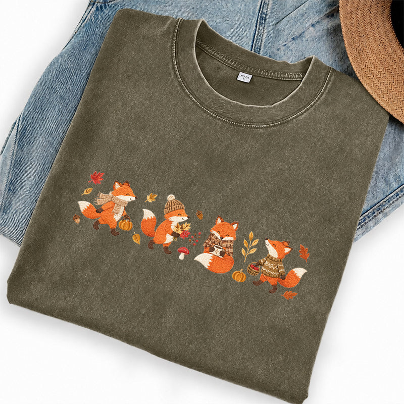 Embroidered Fall Fox Washed Crew Neck T-Shirt