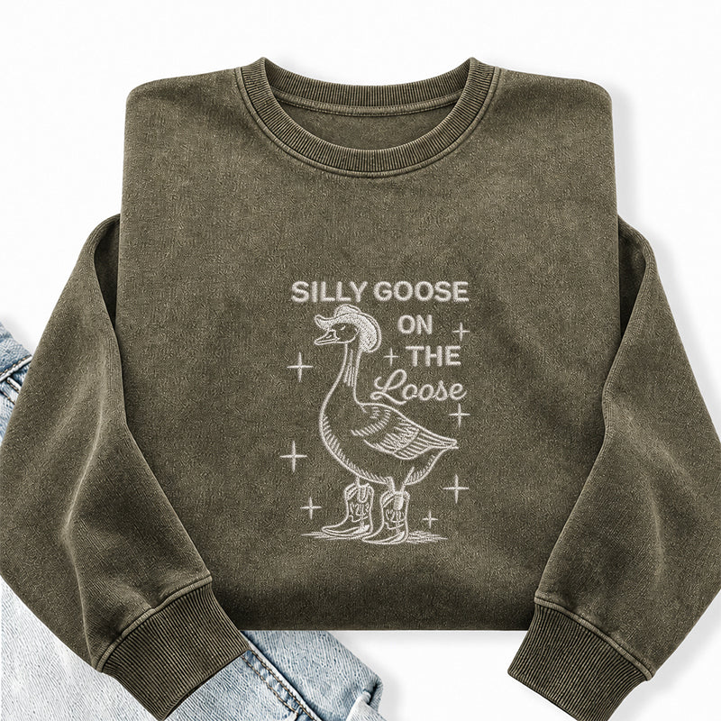 Embroidered Cowboy Silly Goose On The Loose Washed Crewneck Sweatshirt