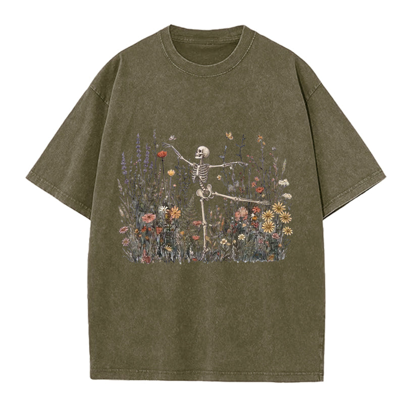 Dancing Skeleton In The Garden Washed Crew Neck T-Shirt