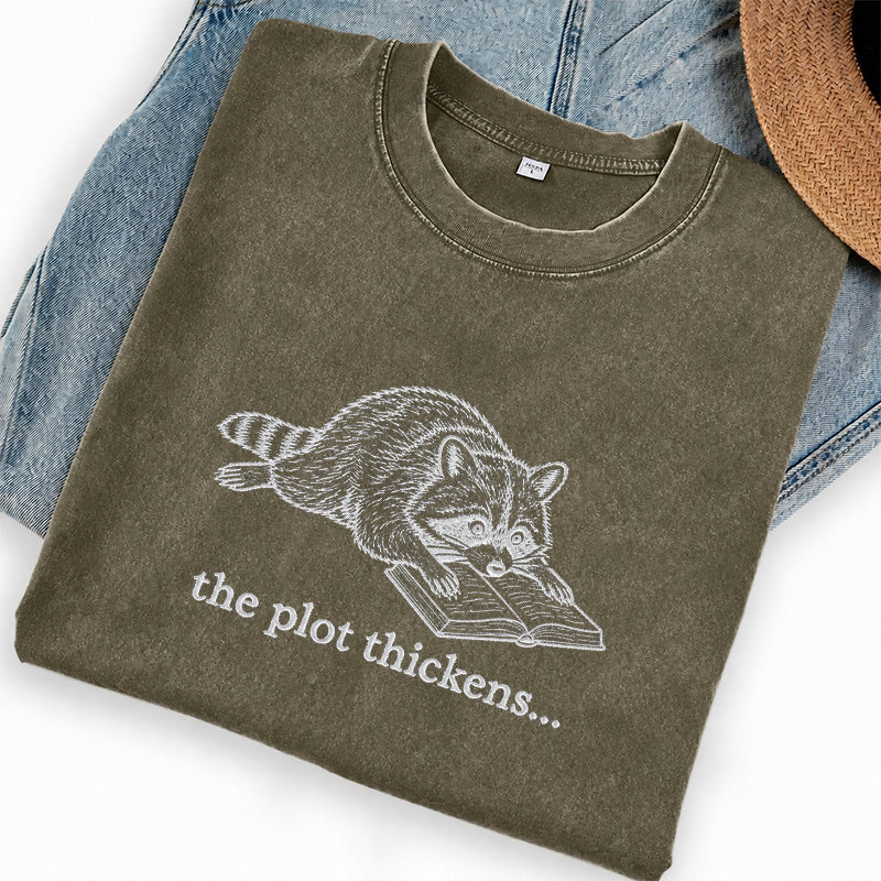 Embroidered The Plot Thickens Reading Raccoon Washed Crew Neck T-Shirt