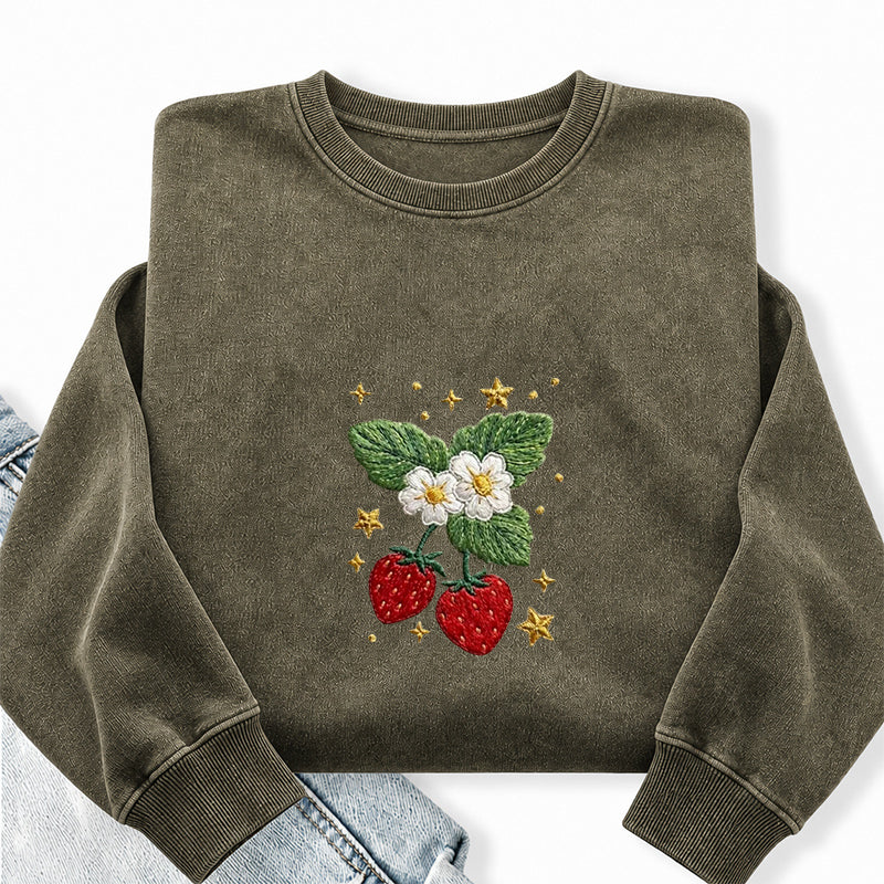 Embroidered Lovely Strawberry Washed Crewneck Sweatshirt