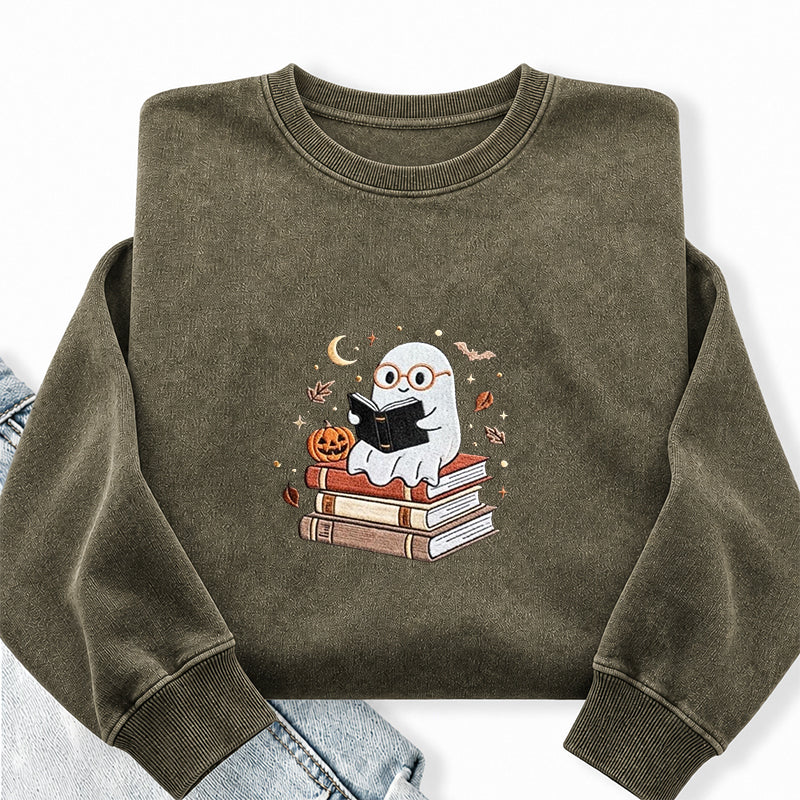 Embroidered Ghost Reading Books Washed Crewneck Sweatshirt