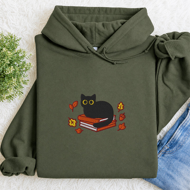 Embroidered Autumn Black Cat Book Classic Adult Unisex Hoodie