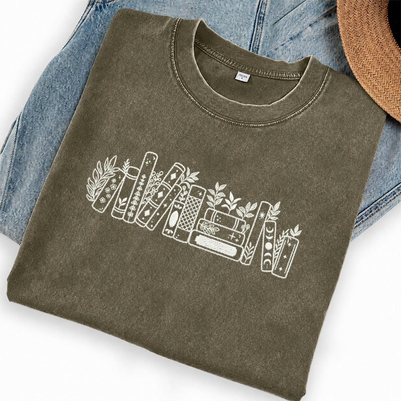 Embroidered Flower Book Washed Crew Neck T-Shirt