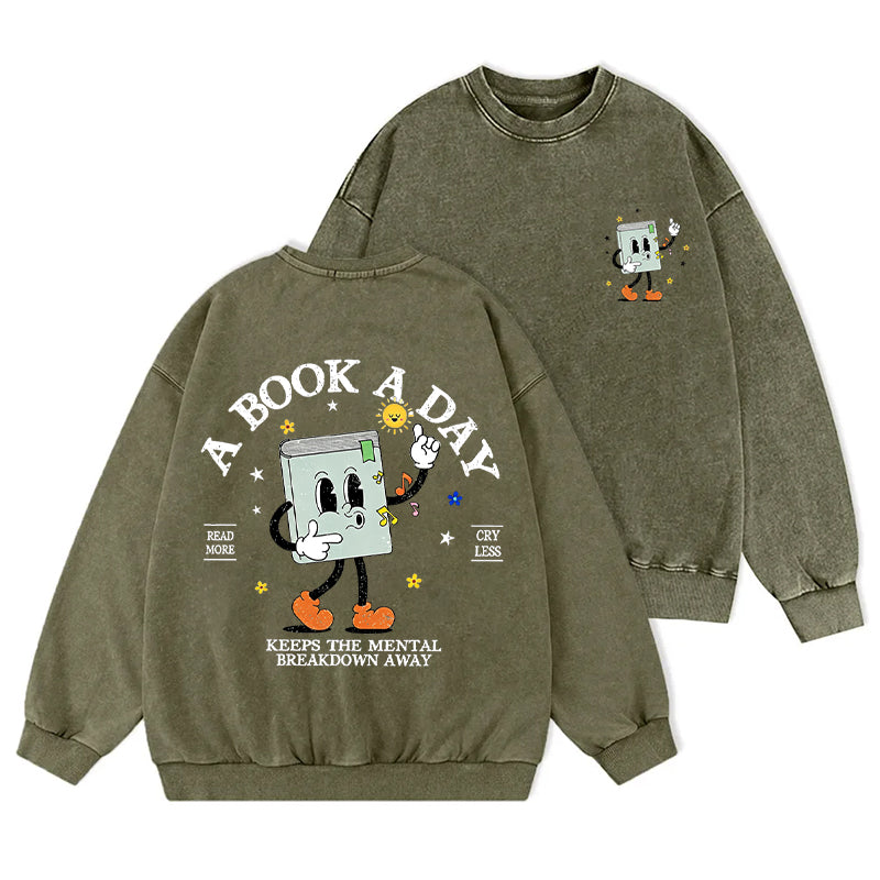 Vintage A Book A Day Book Lover Washed Crewneck Sweatshirt