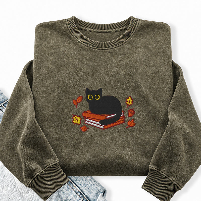 Embroidered Autumn Black Cat Book Washed Crewneck Sweatshirt