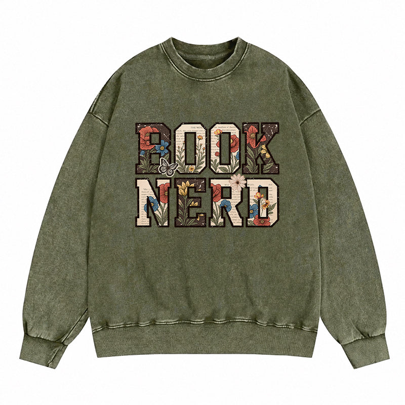 Retro Book Nerd Reading Washed Crewneck Sweatshirt