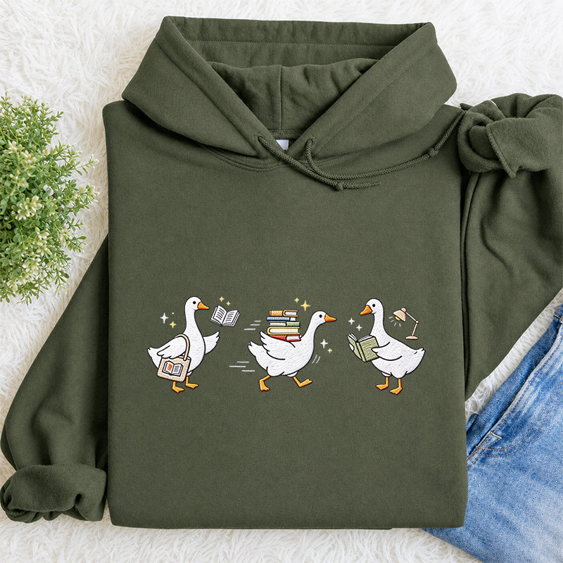 Embroidered Goose Reading Books Classic Adult Unisex Hoodie