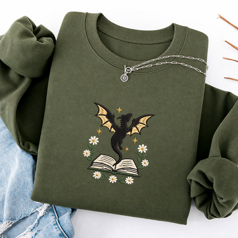 Embroidered Dragon Floral Book Classic Crewneck Sweatshirt