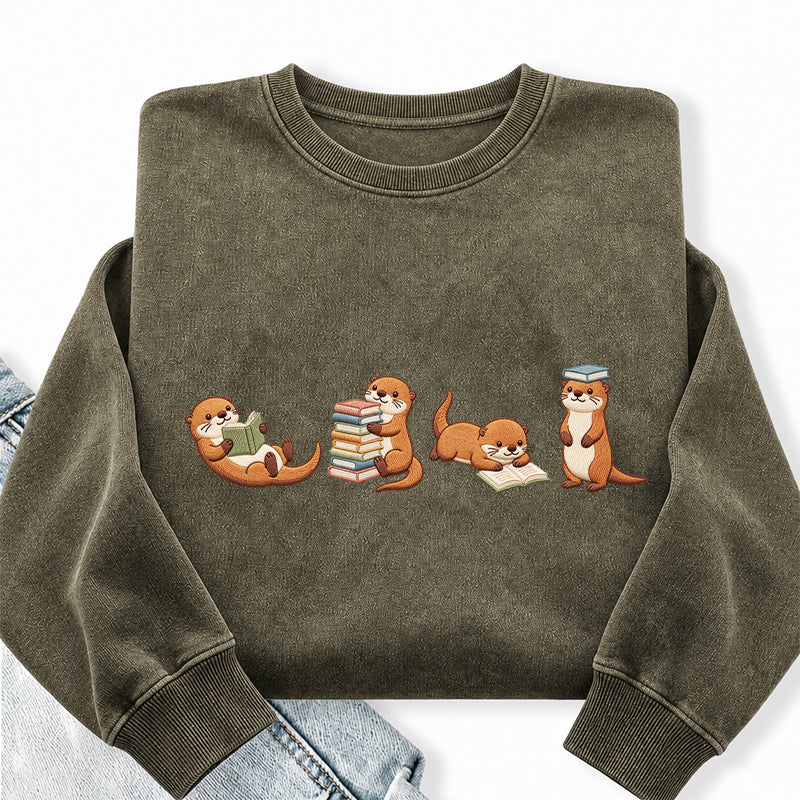Embroidered Otter Reading Book Washed Crewneck Sweatshirt