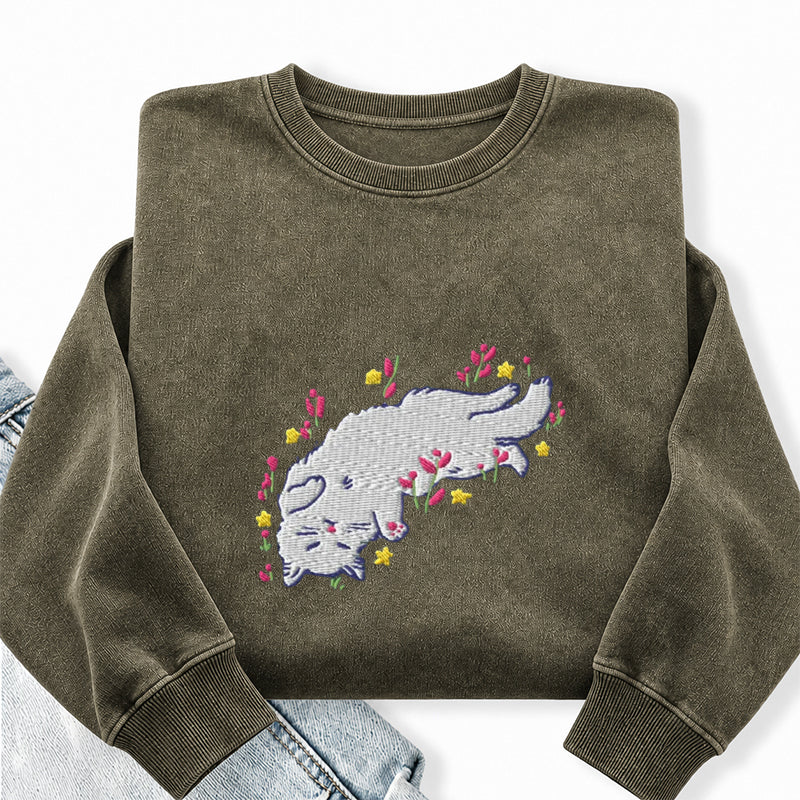 Embroidered Floral Playing Cat Washed Crewneck Sweatshirt