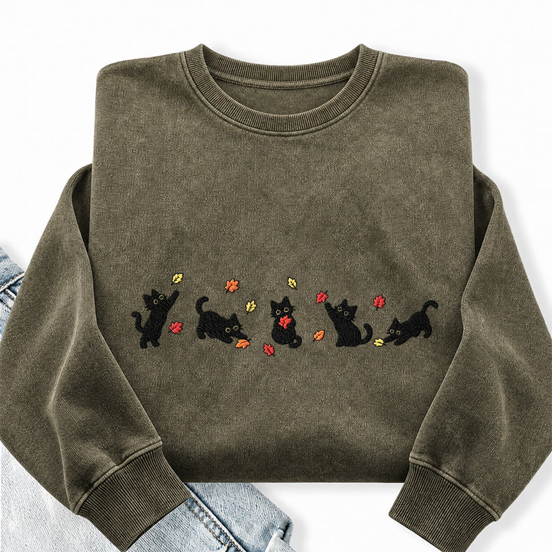 Embroidered Autumn Leaves Black Cats Washed Crewneck Sweatshirt