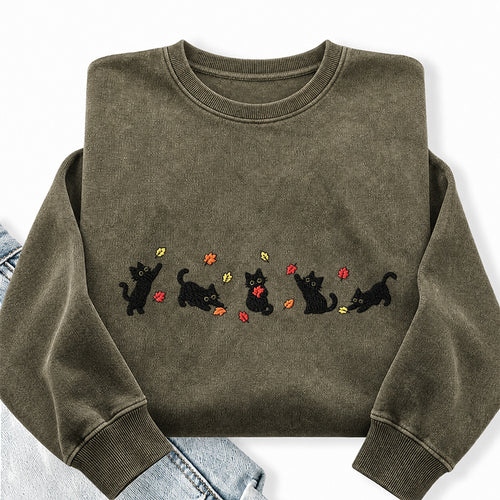 Embroidered Autumn Leaves Black Cats Washed Crewneck Sweatshirt