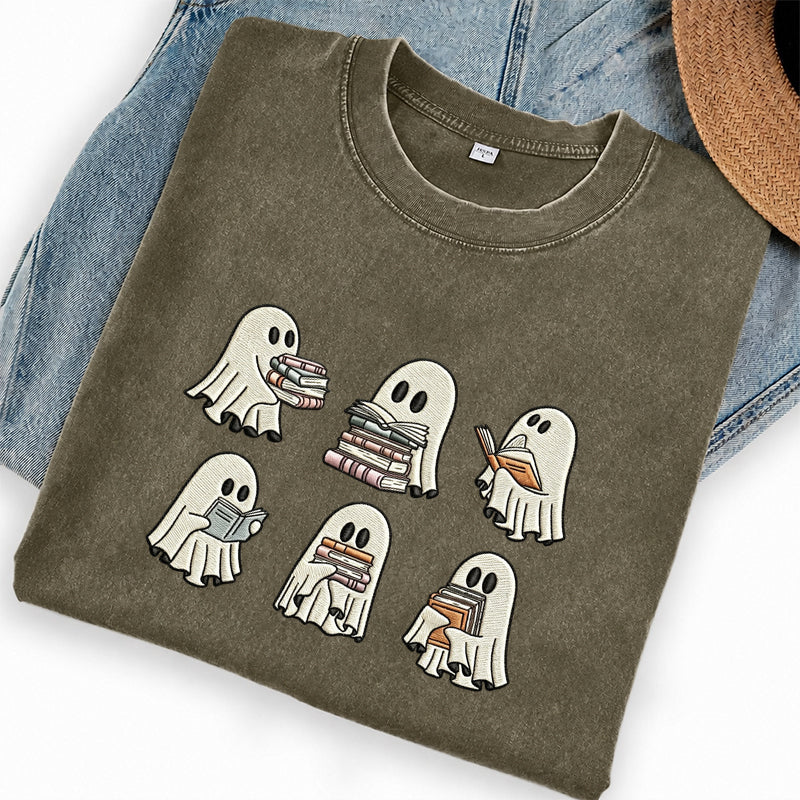 Embroidered Halloween Ghost Book Washed Crew Neck T-Shirt