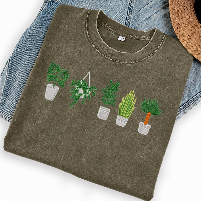 Embroidered Houseplant Washed Crew Neck T-Shirt