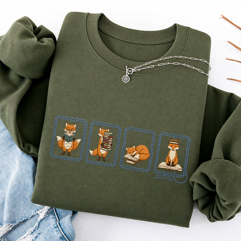 Embroidered Bookish Fox Stamp Classic Crewneck Sweatshirt