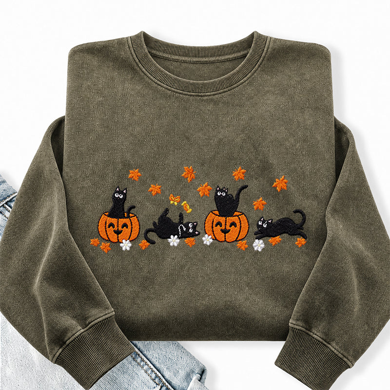 Embroidered Halloween Black Cat Washed Crewneck Sweatshirt