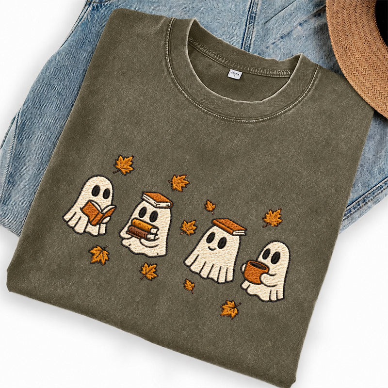 Embroidered Autumn Bookish Ghost Washed Crew Neck T-Shirt